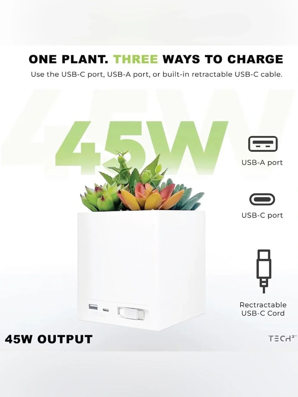 Tech² Power Bloom 45W Succulent Plant Fast Charging POWER BLOOM Station USB C&A